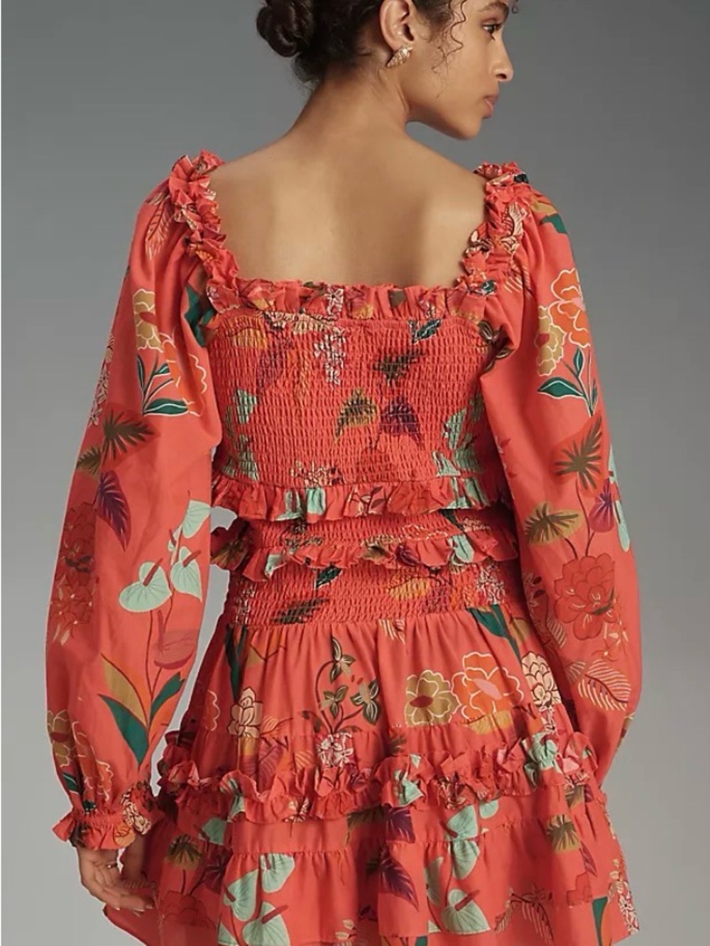 Farm Rio x Anthropologie Smocked Ruffle Mini Dress Coral - Picture 2 of 12